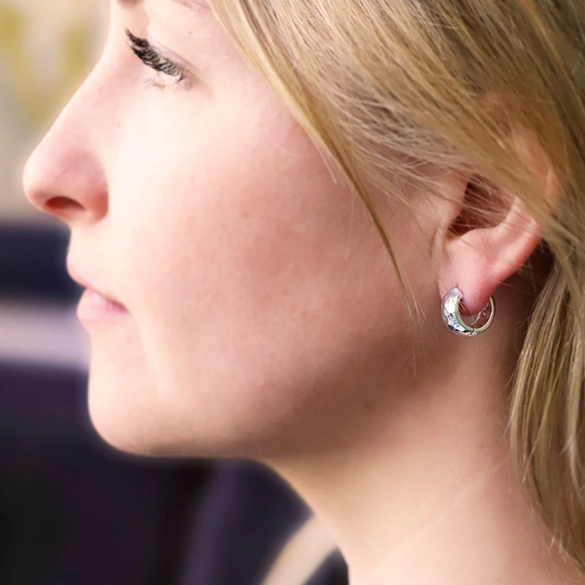 Wide Silver Huggie Earrings - 14mm Hammered - Image 4