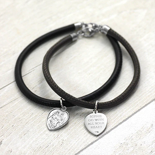 Leather & Silver Heart St Christopher Bracelet - Image 3