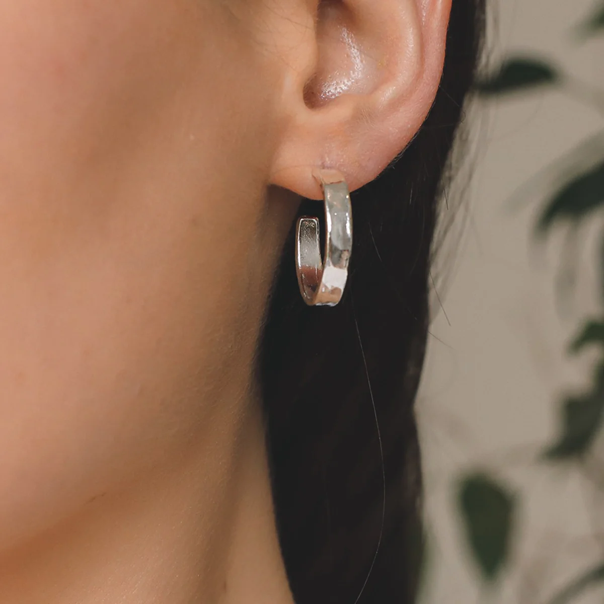 Silver Beaten Flat Hoop Earrings - Image 2