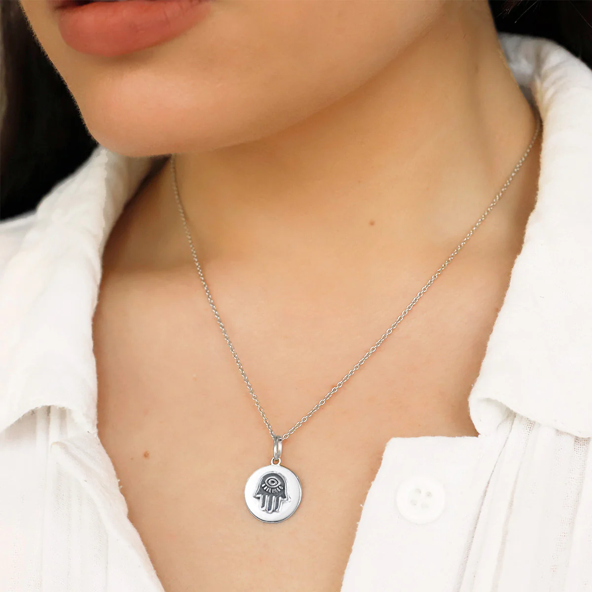 Silver Hamsa Hand Evil Eye Necklace - Image 2