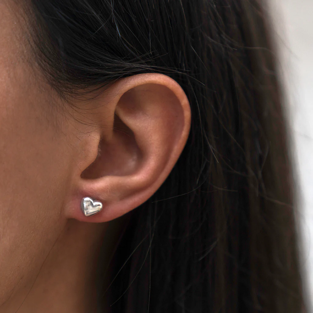 Silver Puffed Heart Stud Earrings - Image 3