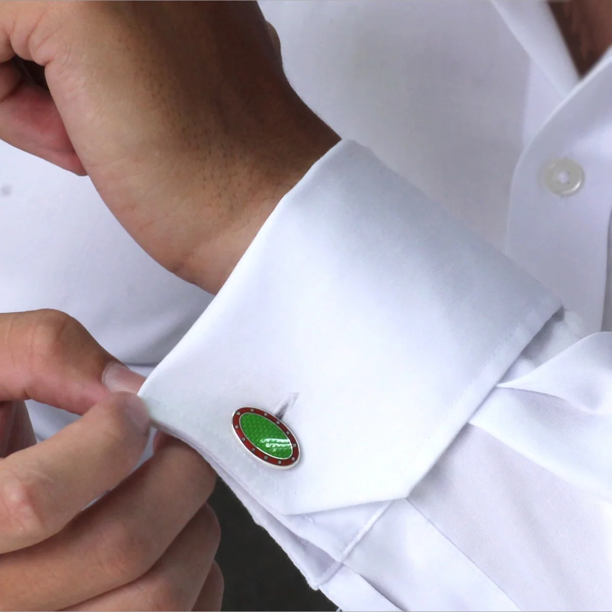 Silver, Lime & Red  spotted border Vitreous Enamel Cufflinks - Image 3
