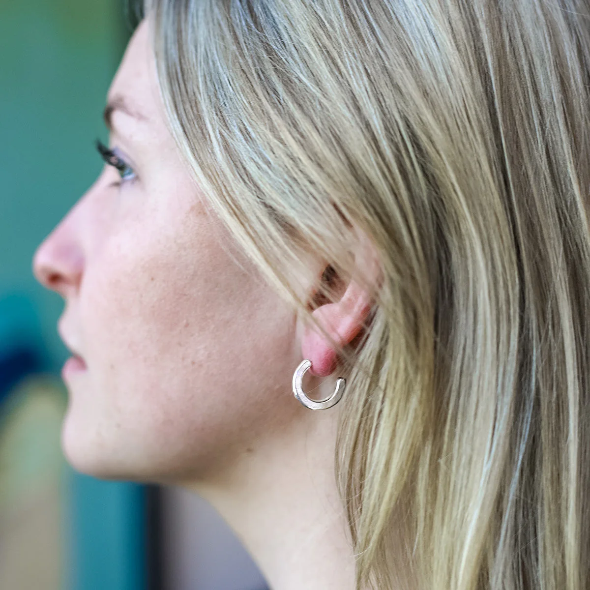 Silver Square Section Open Hoop Earrings - Image 2