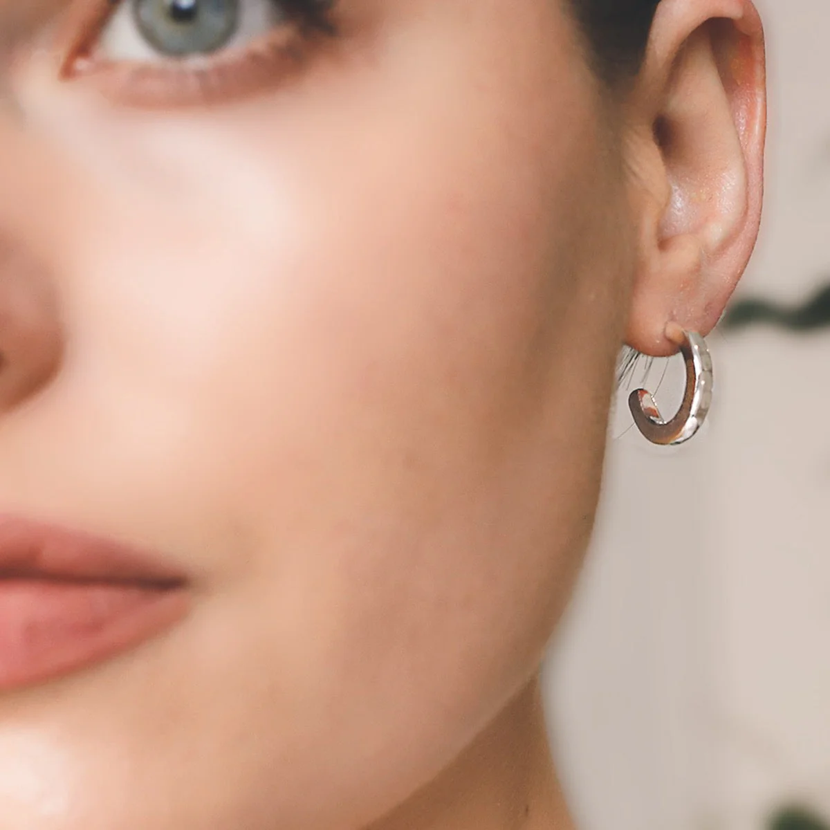 Silver Square Section Open Hoop Earrings - Image 3