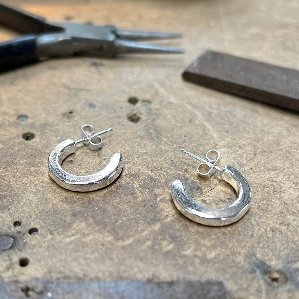Silver Square Section Open Hoop Earrings - Image 5