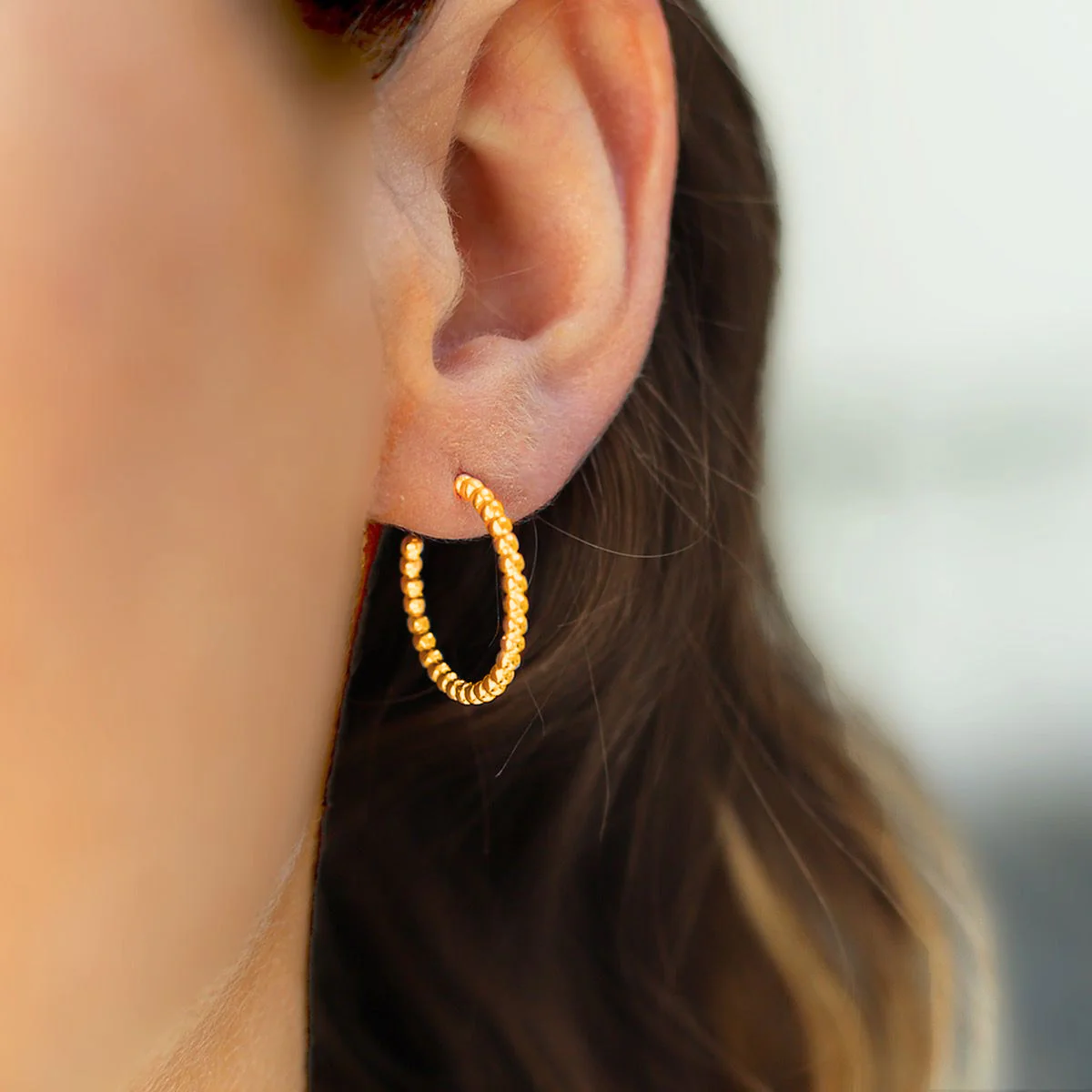 Slim Gold Plated and Silver Ball Hoop Earrings - Image 3