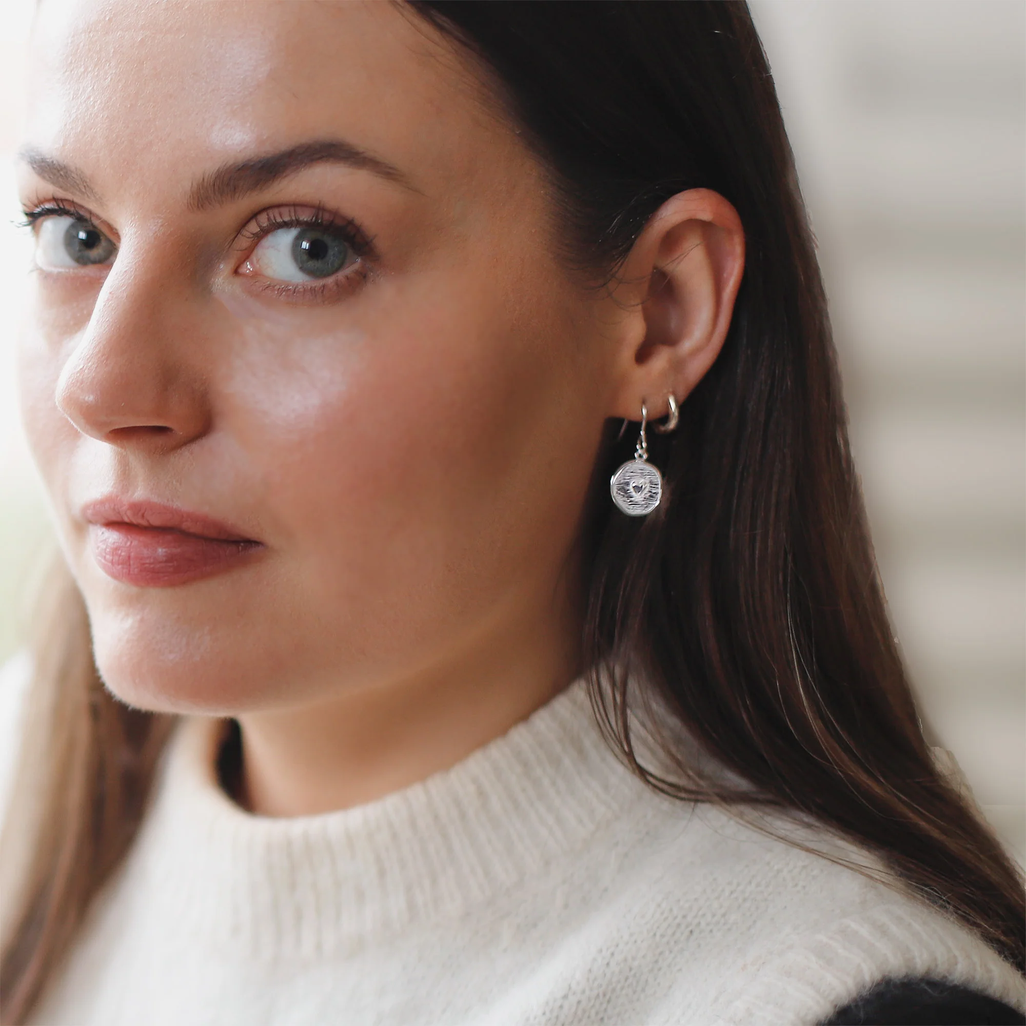 Sterling Silver Heart Disc Earrings - Image 2