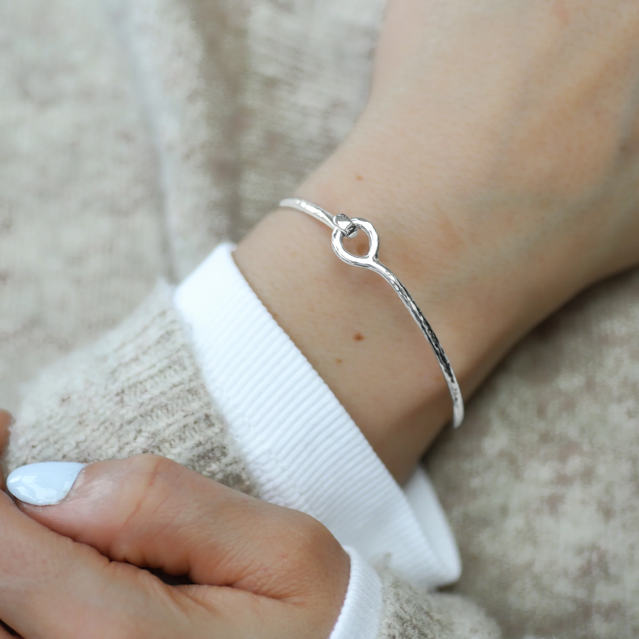 Sterling Silver Hook & Eye Bangle - Hammered - Image 2
