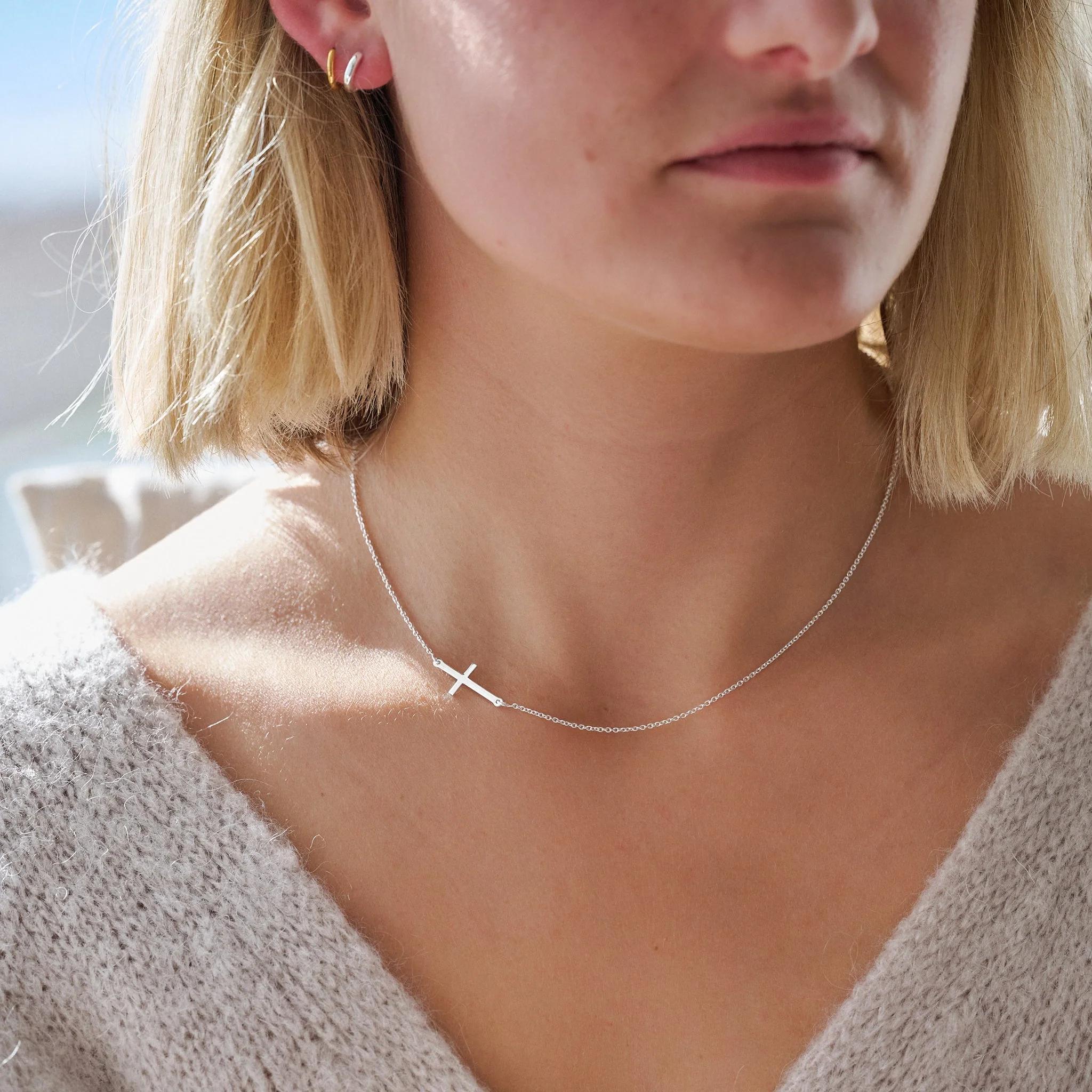 Sterling Silver Sideways Cross Necklace - Image 2